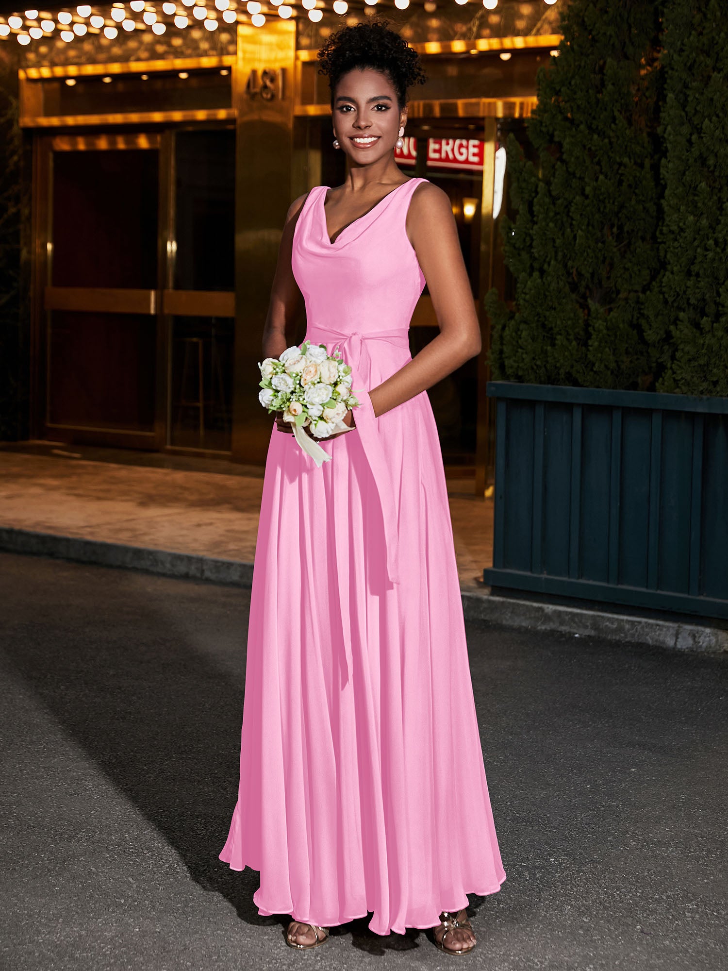 Simple Chiffon Dresses with V Neckline Candy Pink